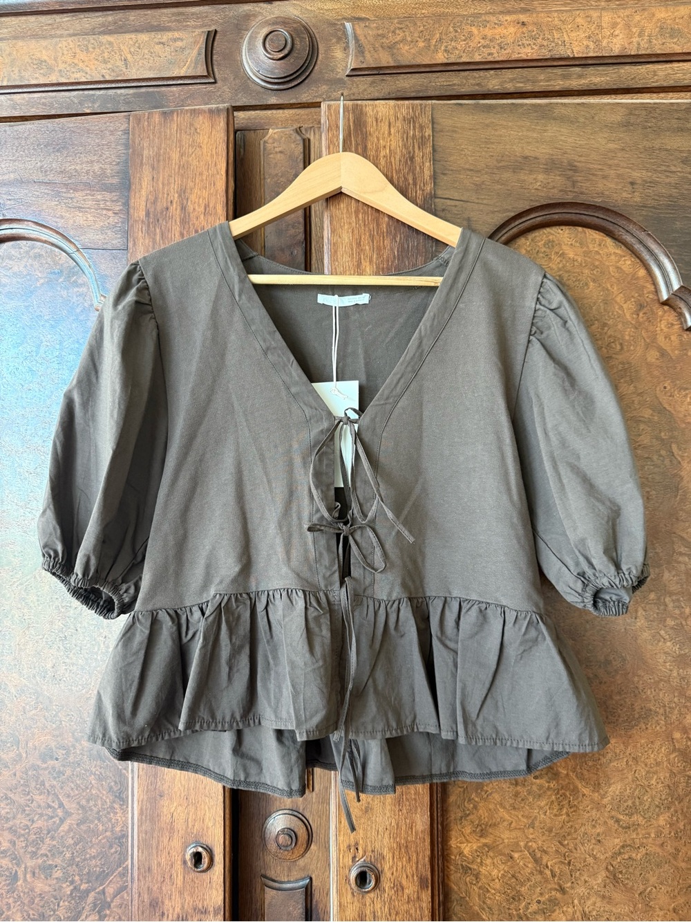 NWT Zara Brown Peplum Tie-Front Blouse